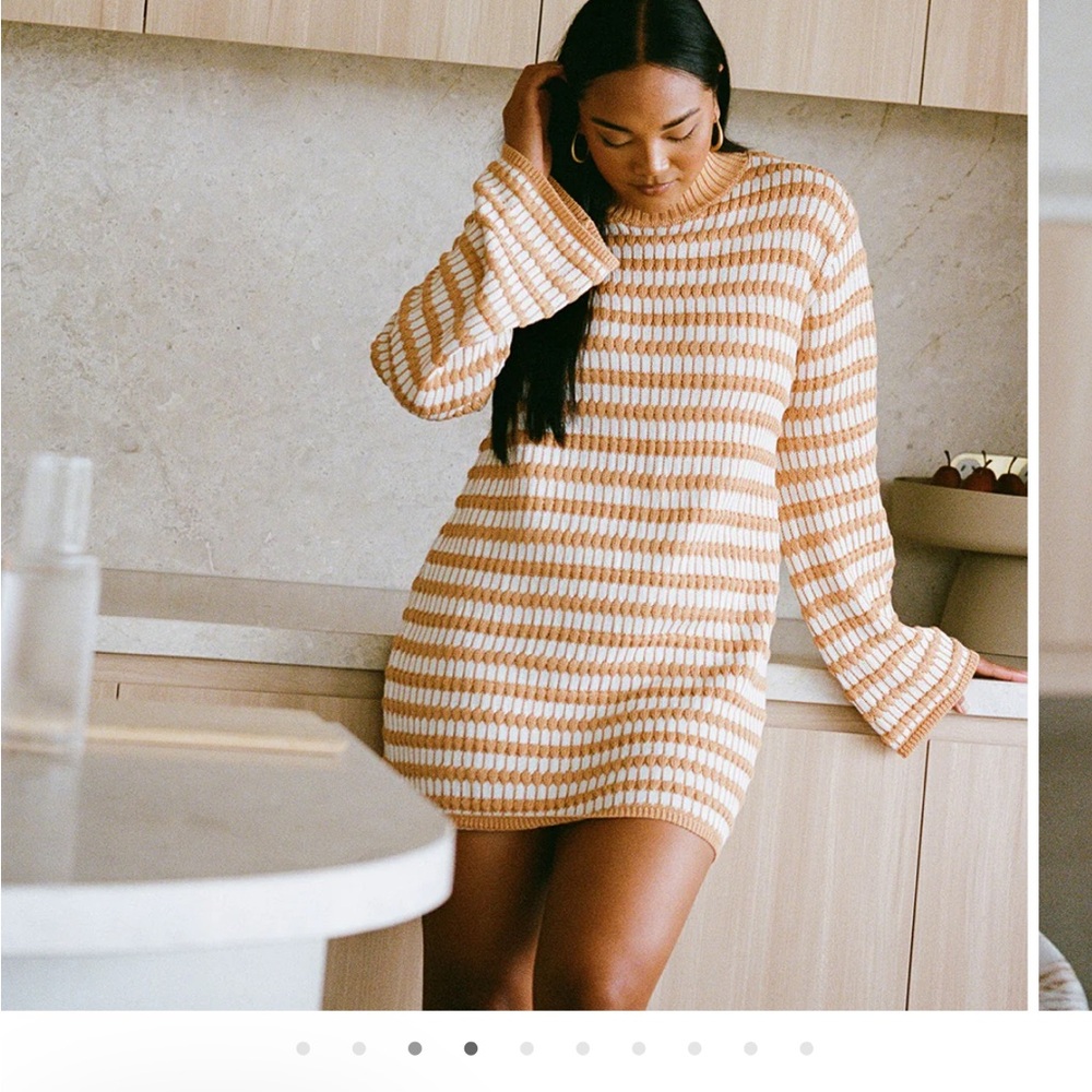 Sabo Skirt Striped Long Sleeve Mini Dress in Cream and Tan